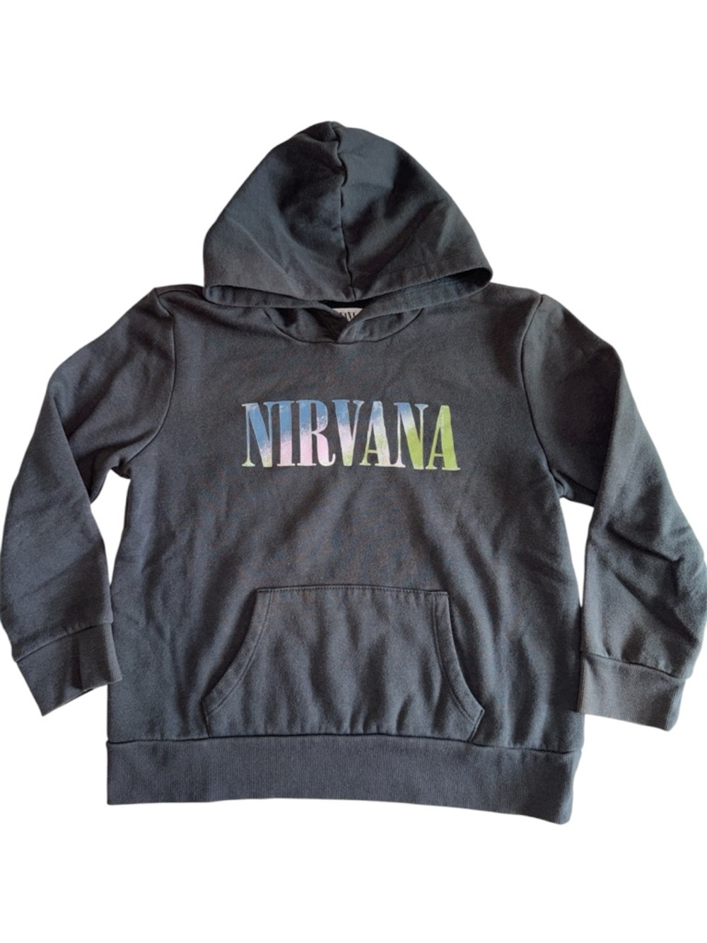 Girl’s Nirvana Hoodie Sweatshirt Pastel Rainbow Logo Washed Black Gray Grey L 10